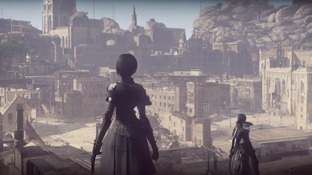 prompthunt: Screenshot from Nier Automata in Marseille. In the background  there is the basilica Our Lady of the Guard