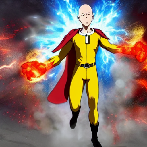 prompthunt: One Punch man, action photograph, charging up a red fiery  punch, bald man, serious face , long flowing cape, yellow jumpsuit