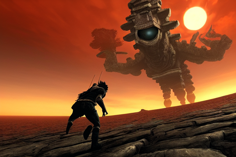 prompthunt: incredible screenshot of shadow of the colossus on PS5,  blinding red orange sky, dynamic camera angle, deep 3 point perspective,  fish eye, dynamic extreme foreshortening of wander reaching the top of