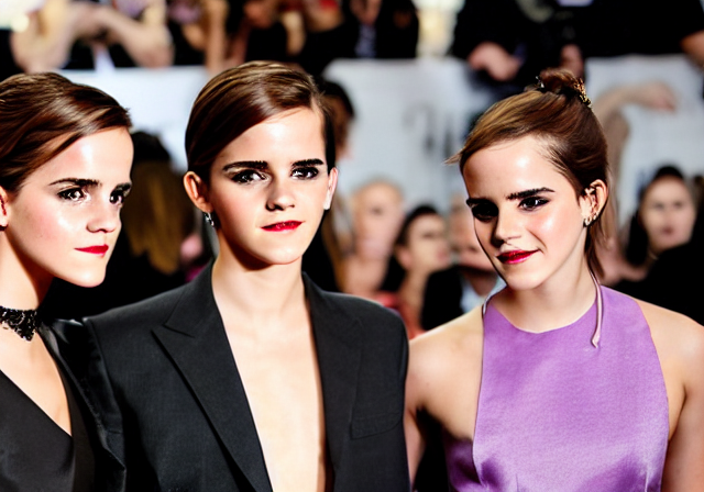 a professional fashion model photo of Emma Watson and her twin sisters wearing purple dressed surrounding Tom Cruise wearing a suit and tie. Euro-American crossover photography.