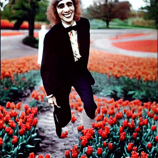 prompthunt photo of singer tiny tim, tiptoeing through the tulips