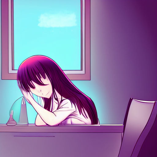 prompthunt Tired anime girl sleeping on chair with head on desk, in