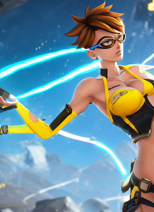 prompthunt: tracer game character, in yellow bikini, blonde hair