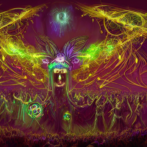 hedonic festival of ephemeral eldritch beings, rave, high energy, in motion, cosmic imagery, intense emotion, fantasy concept art