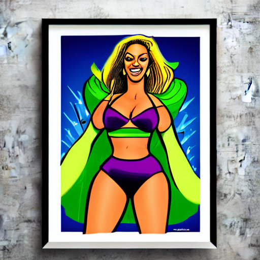 Singer Beyoncé as She-Hulk, smiling, poster framed, comic pinup style, sports illustrated, detailed legs, artstation, illustration, posterized, Roge Antonio, Jen Bartel