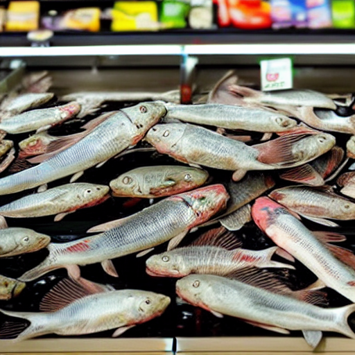 prompthunt: pile of dead fish on supermarket checkout, very detailed  waiting tobescanned by till assistant