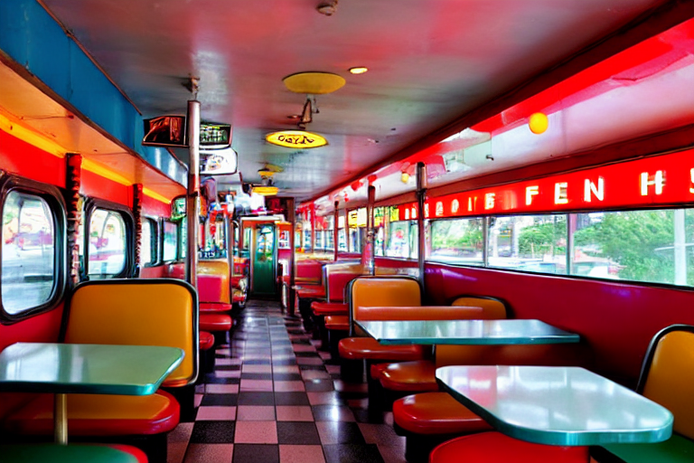 prompthunt: 1 9 7 5 googie train themed classic american diner, people  sitting at tables, googie architecture, one point perspective, americana,  restaurant interior photography, hd 4 k, taken by alex webb
