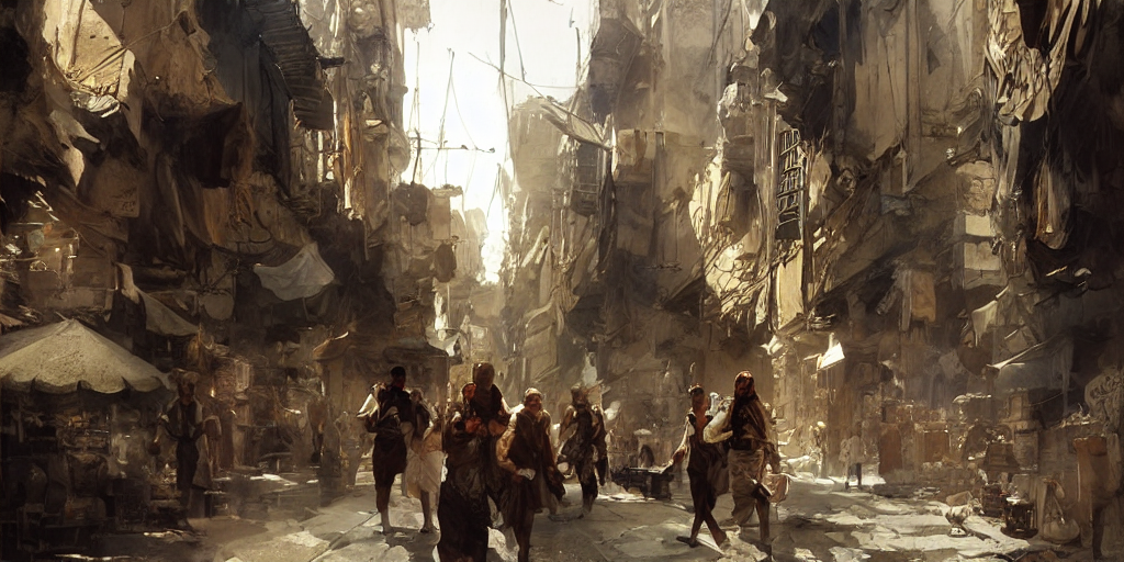 highly realistic concept art, anders zorn, craig mullins, rutkowski, dramatic light, in the streets of the bustling city of ancient cairo