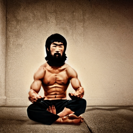 prompthunt: old and happy bruce lee photo portrait with long white beard  and taoist hair dress sitting in a small temple room sunny day cinematic