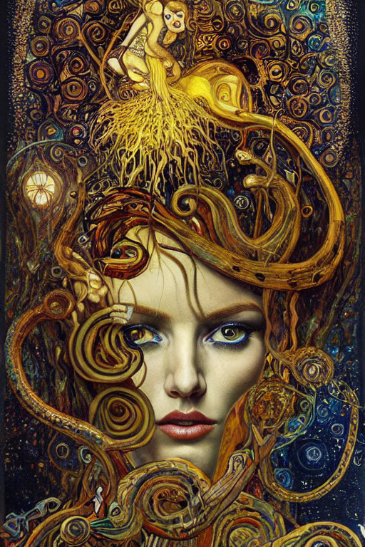 prompthunt: Rebirth by Karol Bak, Jean Deville, Gustav Klimt, and Vincent  Van Gogh, portrait of a sacred serpent, Surreality, radiant halo, shed  iridescent snakeskin, otherworldly, fractal structures, arcane, ornate  gilded medieval icon,