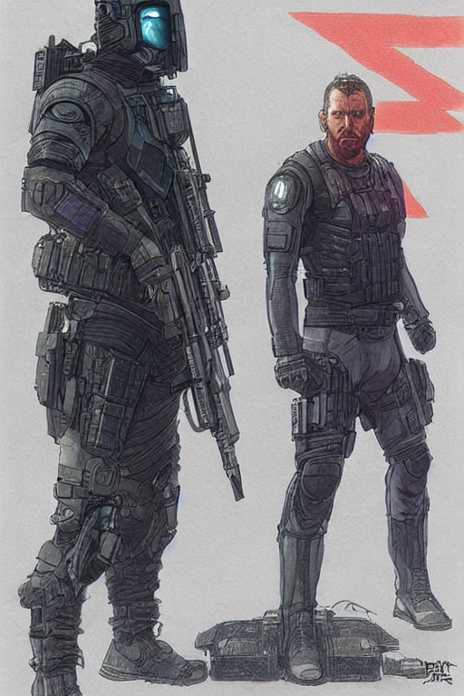 prompthunt: Bruce. blackops mercenary in near future tactical gear, stealth  suit, and cyberpunk headset. Blade Runner 2049. concept art by James Gurney  and Mœbius.