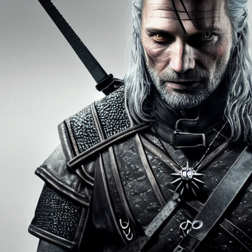 prompthunt: mads mikkelsen as the witcher drawing his silver sword,  professional photography, sharp focus, low - key lighting, high contrast,  dramatic, studio high resolution photography