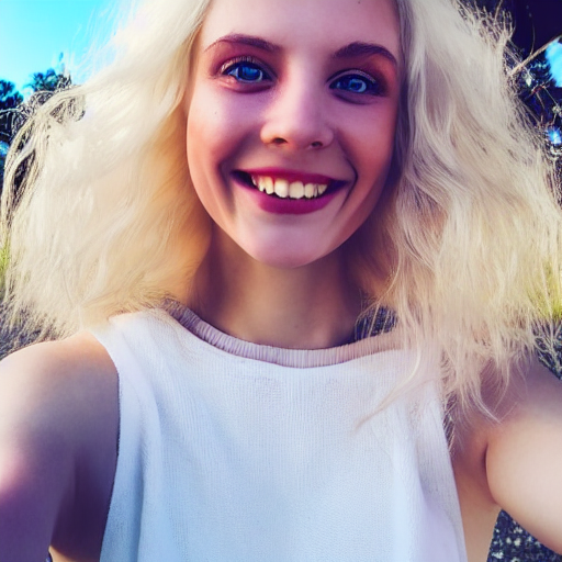 prompthunt: beautiful selfie of a cute thin young woman smiling smugly,  long light platinum blonde hair, flushed face, small heart - shaped face,  cute freckles, light blue eyes, golden hour, 8 k, instagram
