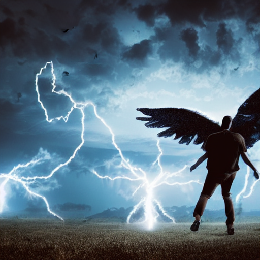 prompthunt: Two people: one angel and one devil. Angel battling devil.  Scene airborne in the clouds. Background lightning and explosions and black  smoke. Backlit