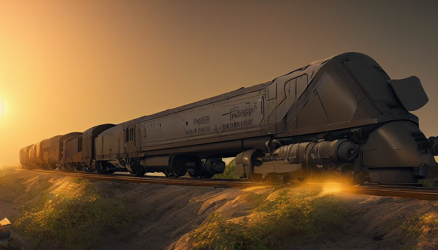 prompthunt: futuristic cargo train coming down the tracks, matte painting,  artstation, sunrise, solarpunk
