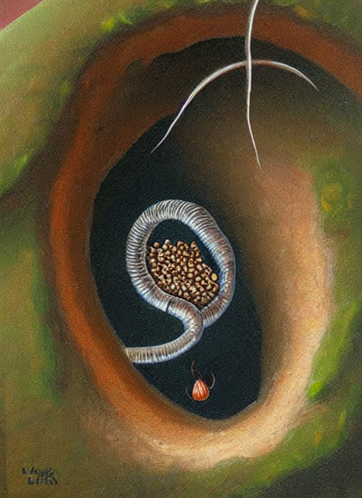 prompthunt: Oil painting - a regular earthworm with a tiny little crown  peeking out form a hole, Masterpiece, Wolfgang Lettl highly detailed, hints  of Yayoi Kasuma