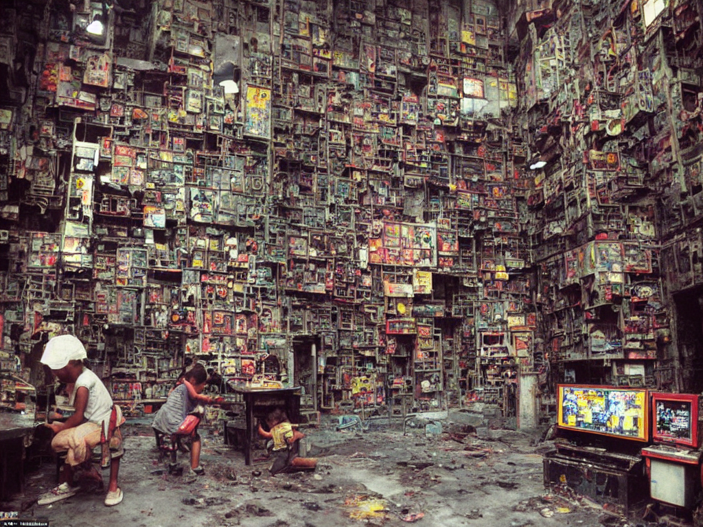 closeup 1 9 8 8 photo of : inside the labyrinthine “ kowloon walled city ”, children are playing colorful video games in a narrow cramped dense indoor arcade. the arcade is full of industrial machinery, and is tattered and dirty. full - color professional journalistic photography from “ time ” magazine.