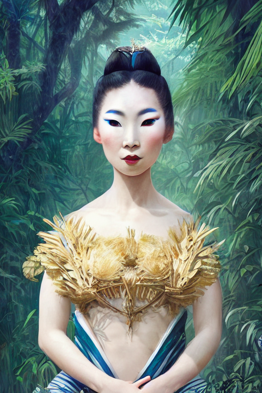 prompthunt: stunningly beautiful, inuit geisha prima ballerina in jungle,  symmetrical face, golden hour, smooth, focus, highly detailed, hyper  realistic, dramatic lighting, elegant, intricate, concept art, art by wlop,  mars ravelo, greg rutowski,