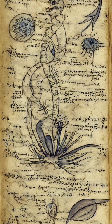 prompthunt: a page of the Voynich Manuscript depicting an alien form.