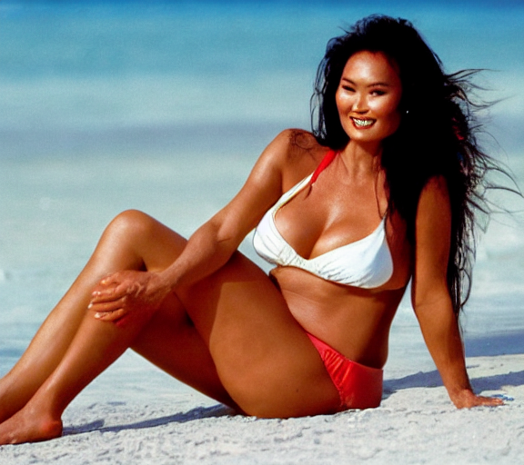 prompthunt: swimsuit model tia carrere relaxing on a beach in thailand  drinking a beer in 1985, XF IQ4, 150MP, 50mm, F1.4, ISO 200, 1/160s,  natural light
