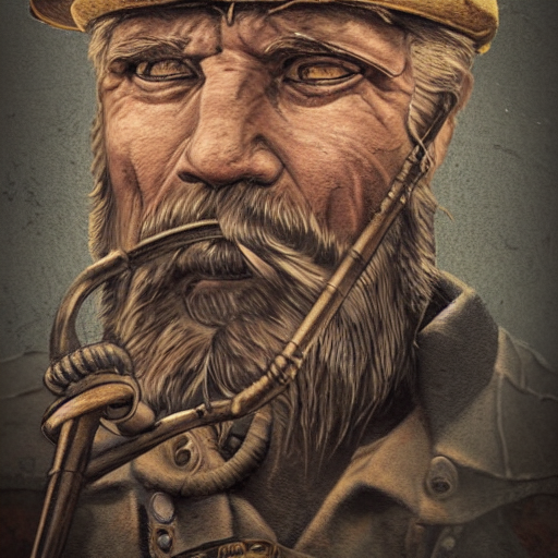 prompthunt: a portrait of an old man who is a captain of a boat, weathered,  in the style of steampunk, tattoo of boat on chest, holding a spear, retro,  with beard and