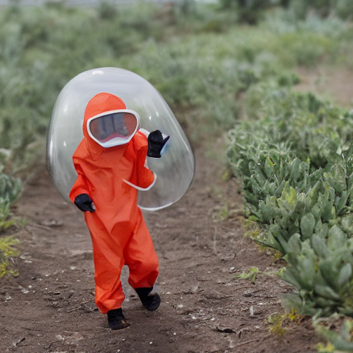 prompthunt: a photo of a boy wearing a hazmat suit, on his back is a small  plant encased in a clear glass backpack, walking away from the camera,  examine a giant watermelon,smoke