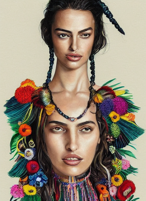 prompthunt: beautiful portrait of Irina Shayk wearing fantastic Hand-dyed  cotton dress,embellished beaded feather decorative fringe knots ,colorful  pigtail,subtropical flowers and plants,symmetrical face,intricate,elegant,highly  detailed,8k,digital ...