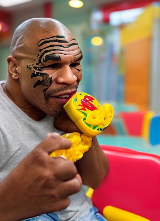 prompthunt Mike Tyson eating a happy meal in the McDonalds play place