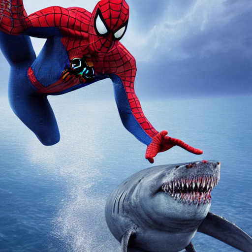 prompthunt: a portrait of Spiderman punching a shark in the middle