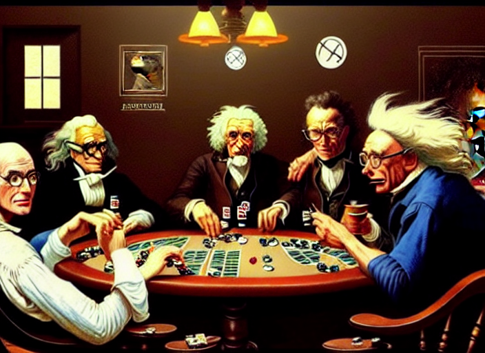prompthunt: isaac newton and stephen hawkins and asimov and albert einstein  playing poker in an old west saloon, centered, digital painting,  artstation, concept art, smooth, illustration, art by james gurney and  norman