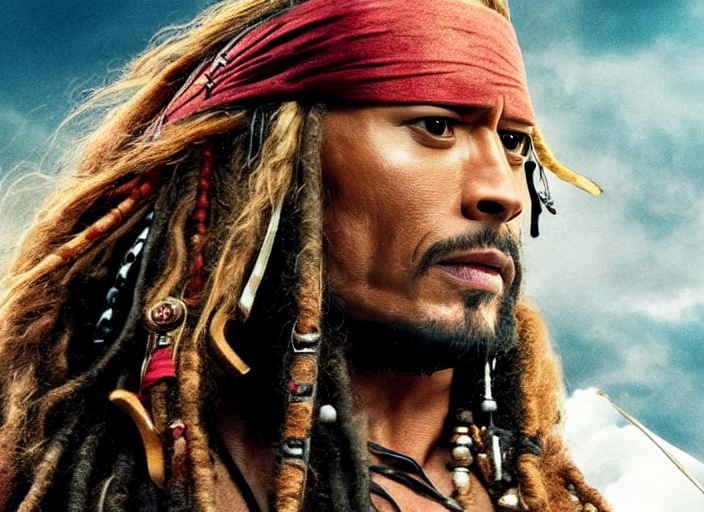 prompthunt: film still of dwayne the rock johnson as captain jack sparrow  in the new pirates of the carribean movie, 4 k