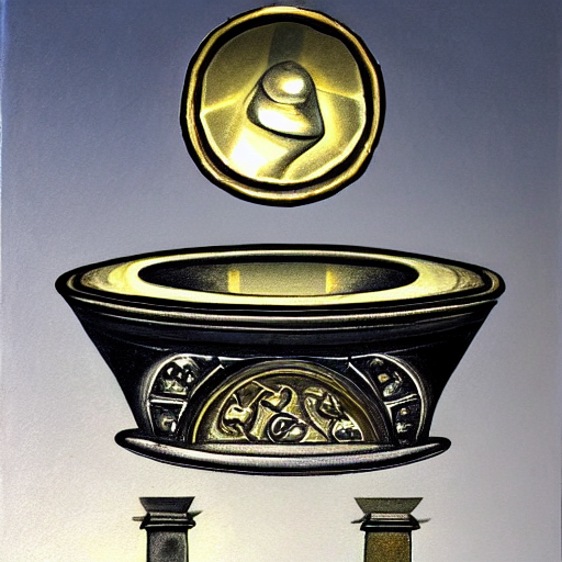 prompthunt: in the center lays an ancient chromed artifact in the shape of  a heavy signet ring, ornate with gentle iridescent shine from within. the  ring lays on top of a pedestal.