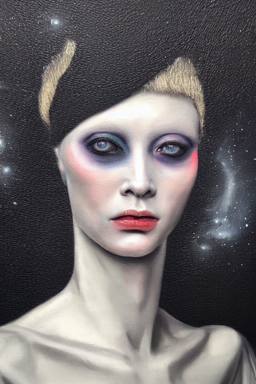 prompthunt: hyperrealism oil painting, close - up portrait of albino  medieval fashion model, black silk, steel gradient mixed with nebula sky,  in style of baroque