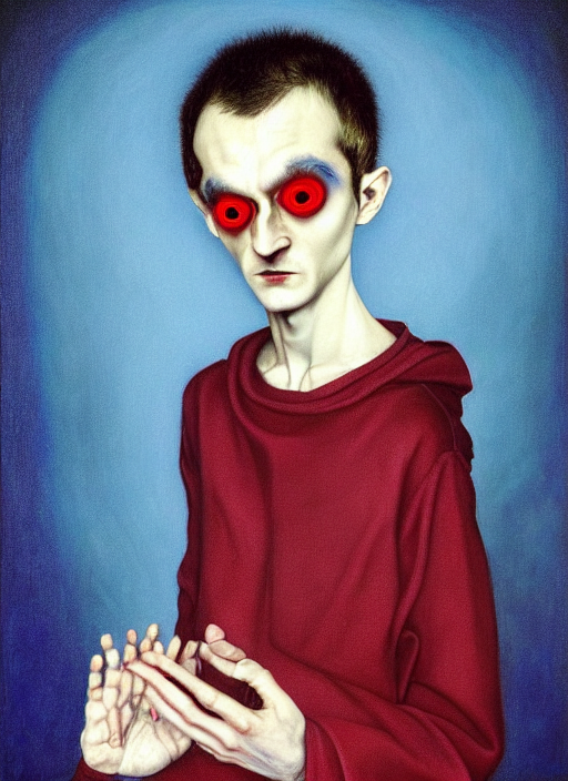 vitalik buterin in the style of leonora carrington, gottfried helnwein, raqib shaw, chiaroscuro intricate composition, blue light by caravaggio, insanely quality, highly detailed, masterpiece, red light, artstation