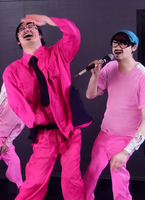 prompthunt: joji singing in an scenario while filthy frank dances next to  him in a pink outfit