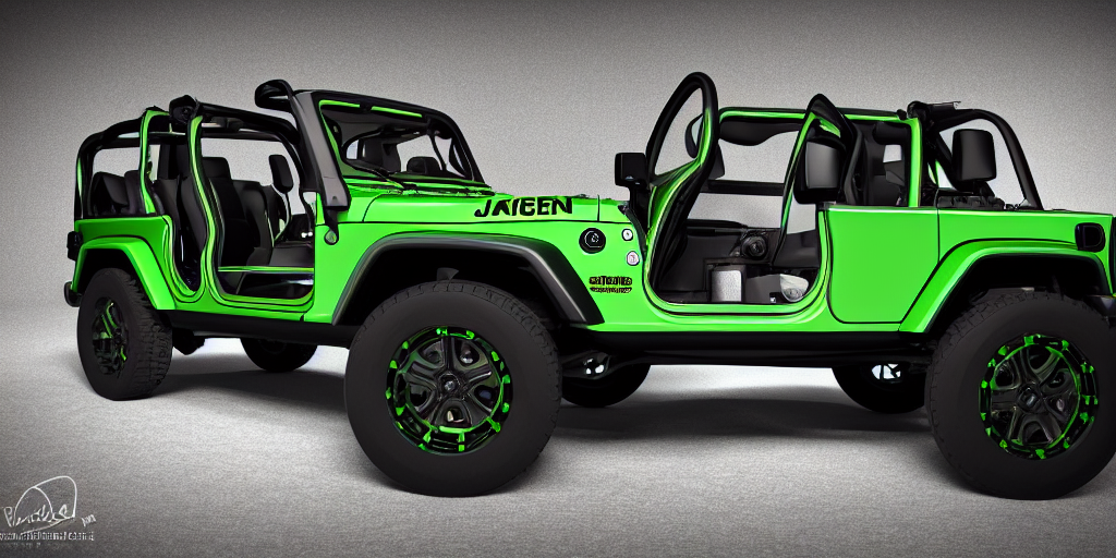 prompthunt: Green Jeep Wrangler black background, 3D Render, Hyper Detailed