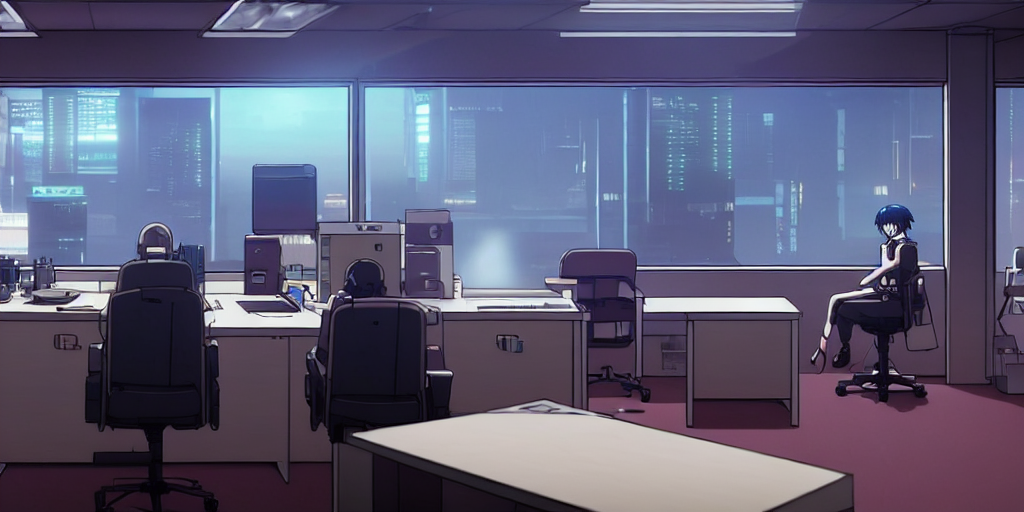 prompthunt: an empty quiet quiet after hours cyberpunk police office office  in the cyberpunk neon noir anime film, Shichiro Kobayashi, screenshot in  the anime series ergo proxy ergo proxy ergo proxy and