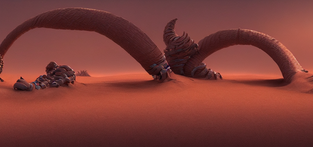 prompthunt: pixar style sandworm fighting fremen warriors on