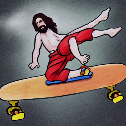 Flygtig . Dag prompthunt: jesus christ doing a kickflip on a skateboard over donald trump