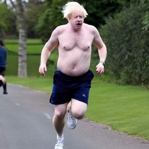 prompthunt Photo of Boris Johnson running, very hairy blond chest, big