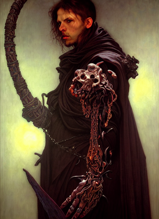 male necromancer, full body, hyper realistic, extremely detailed, dnd character art portrait, dark fantasy art, intricate fantasy painting, dramatic lighting, vivid colors, by edgar maxence and caravaggio and michael whelan and delacroix.