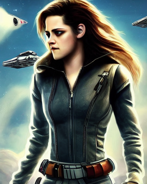 prompthunt: kristen stewart ( from twilight ) portraying a beautiful jaina  solo from star wars legends, beautiful kristen stewart jaina solo as a  rogue squadron pilot, without lightsaber, movie, hyper realistic, hollywood