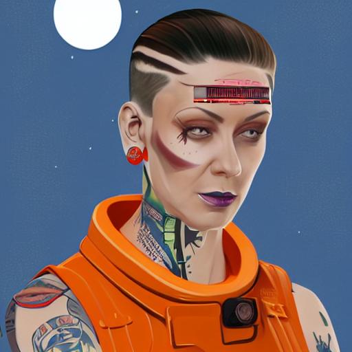 character concept art of heroic stoic emotionless butch blond handsome woman space explorer with detailed tribal chin tattoos, dirty and injured, very short slicked - back butch hair, narrow eyes, wearing atompunk jumpsuit, orange safety vest, retrofuture, highly detailed, science fiction, illustration, oil painting, realistic, lifelike, pulp sci fi, cinematic
