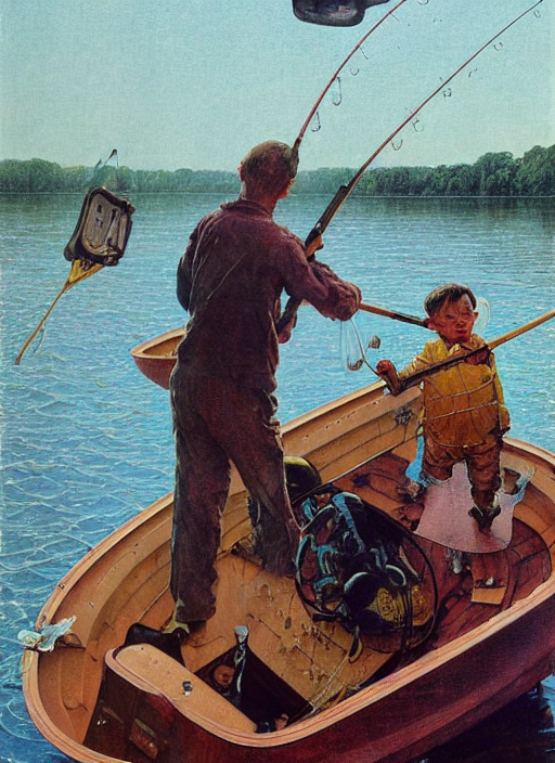 prompthunt: realistic detailed image of a father and son fishing in a small  boat on a lake in the style of Francis Bacon, Surreal, Norman Rockwell and  James Jean, Greg Hildebrandt, and
