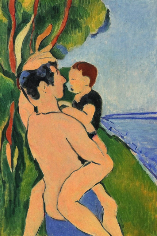 a man holding his child over his shoulders walking near the beach, paiting by matisse, masterpiece
