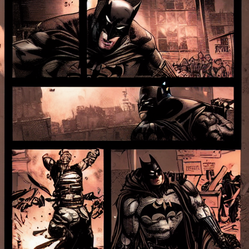 prompthunt: Comic book page of Batman from Batman Arkham Knight fighting  goons in a dark alley, dark atmosphere, ominous, menacing