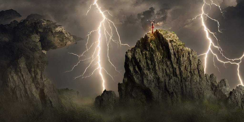 prompthunt: god of thunder shooting lightning from his fingertips standing  upon a rocky high mountain, surrounded by thunderclouds and lightning,  dark, bright lighning, very detailed, 4 k