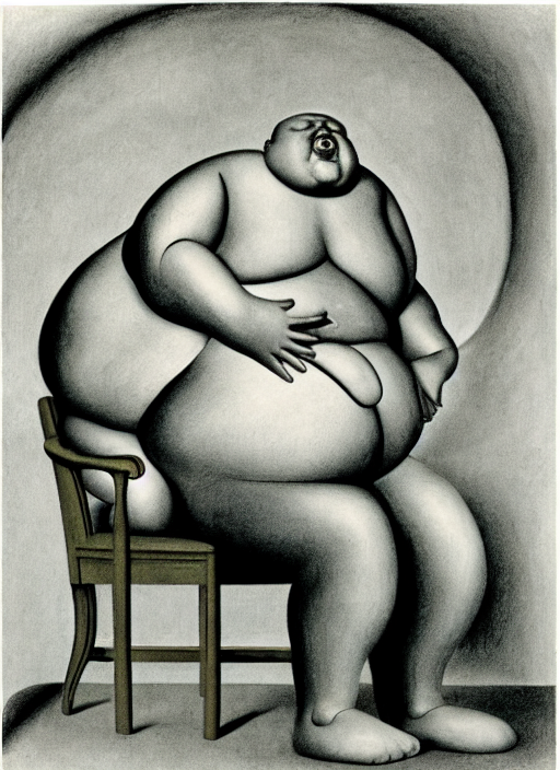 fat man sitting on chair, sweat, fat, frustrated, art by gertrude abercrombie and hans bellmer and william blake