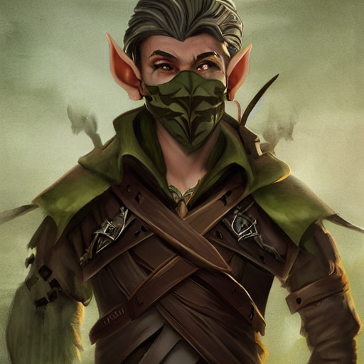 prompthunt: Male Wood Elf Rogue, dnd, d&d, leather armor, black bandana mask,  Chest Guard, Brown Hair, green eyes, visible face, pretty face features,  high fantasy, matte painting, by wlop