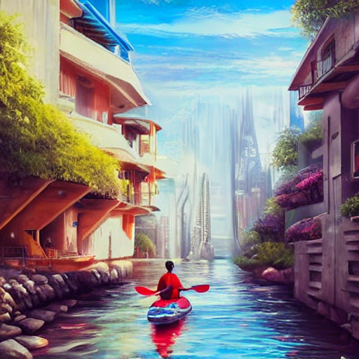 prompthunt: Narrow cosy waterway with kayak in futuristic sci-fi city in  harmony with nature. Nice colour scheme, soft warm colour. Beautiful  detailed painting by Lurid. (2022)